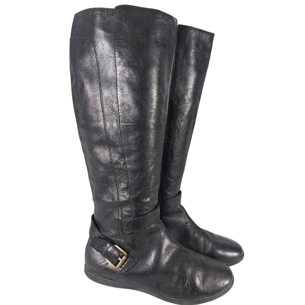 NINE WEST! BLACK GENUINE LEATHER WRAPPED STRAP & BUCKLE "NO HEEL" BOOTS! SZ 7.5M